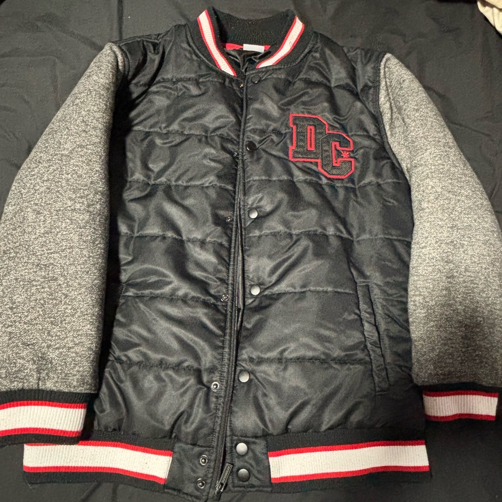 DC Black and Red Varsity Jacket fits like medium
